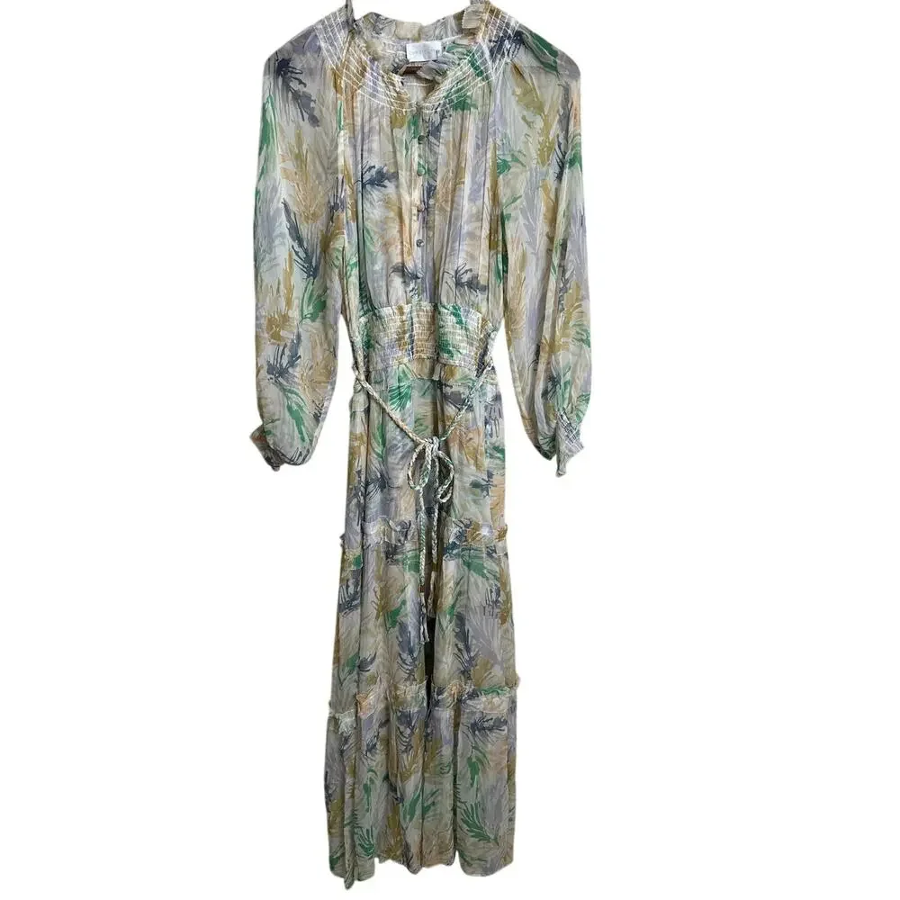 Christy Lynn Florence Maxi Dress Womans M NWOT 100% Silk Smocked Palm Print